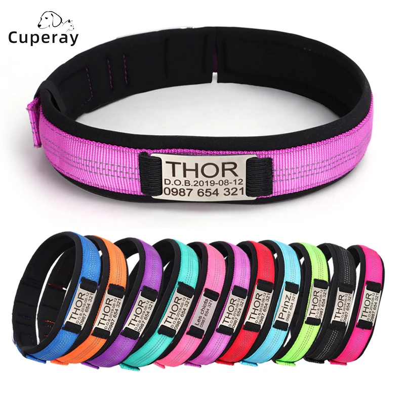 

Reflective Nylon Padded Dog Collars Adjustable Pet Collar with Personalized Custom Engraved Buckle for Small Medium Large Dogs