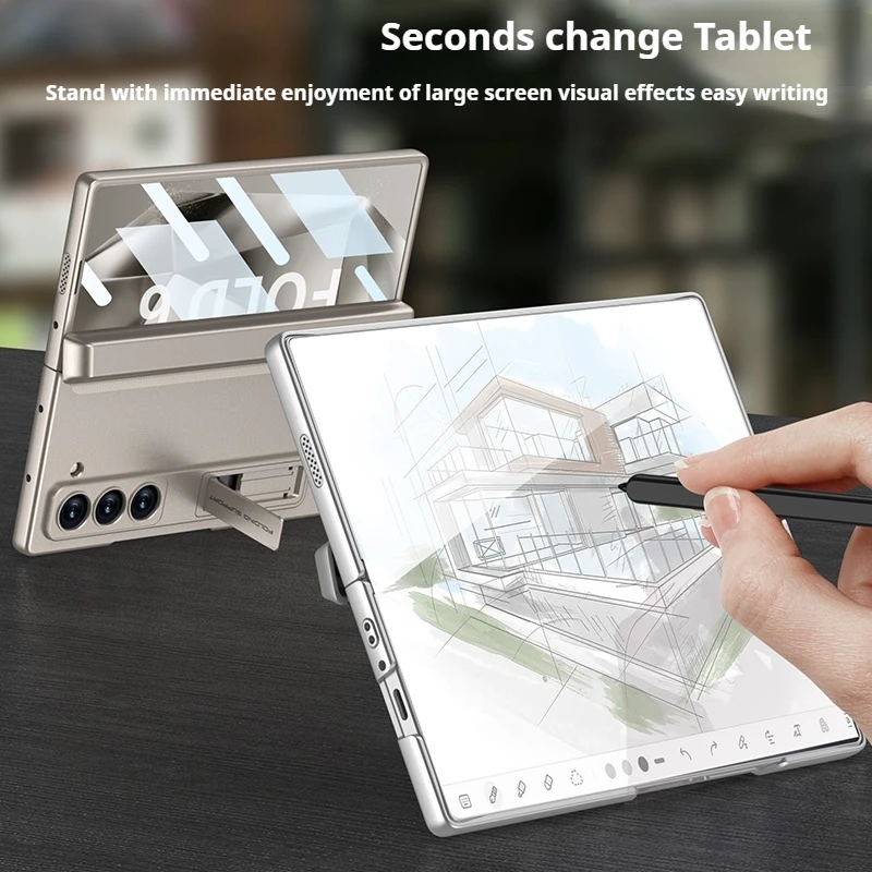Coque arrière rigide en polycarbonate givré pour Samsung Galaxy Z Fold 6 5 4 3 avec boîte à stylo magnétique et support de téléphone, film d'écran en verre_voghion.com