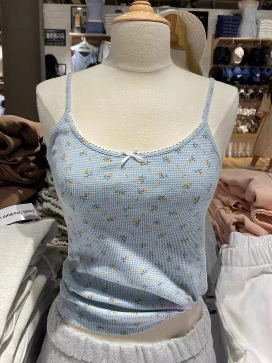 

Милая вафельная кофта с цветочным принтом и кружевной отделкой, женские летние шикарные пикантные хлопковые повседневные укороченные топы с бантом, Женские винтажные милые майки Y2K