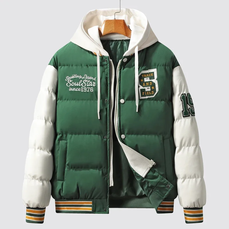 Winter Warm Men's Jacket Streetwear Fake 2 Pieces Windproof Warm Baseball Jacket Down Cotton Padded Coat Fashionable Light Parka