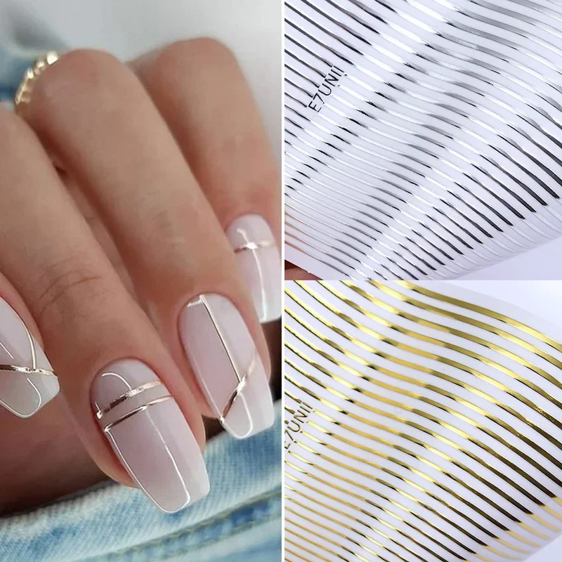 Nail Stickers 1PC Silver Gold Lines Stripe 3D Geometric Waved Star Heart Self Adhesive Slider Papers Art Transfer