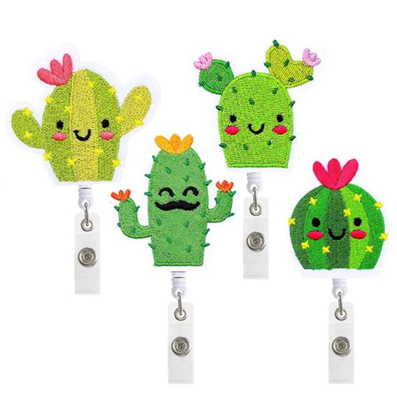 

Cute Cartoon Felt Embroidered Cactus Cloth Sticker Retractable Badge Clip with Reel Easy Pull ID Card Holder Name Tag Clip Kids