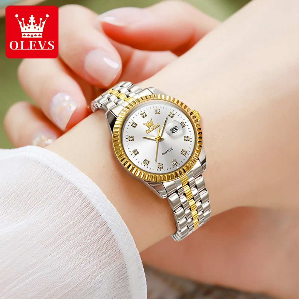 OLEVS Luxury Watches for Women Elegant Stainless Steel Diamond Date Dial Waterproof HD Luminous Women's Quartz Casual Wristwatch