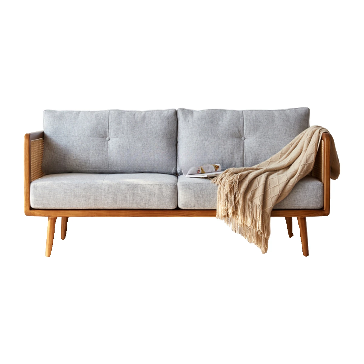 

Nordic Home Solid Wood Sofa Combination Living Room Rattan Sofa for Three People B & B Resort Hotel Balcony Small Apartment