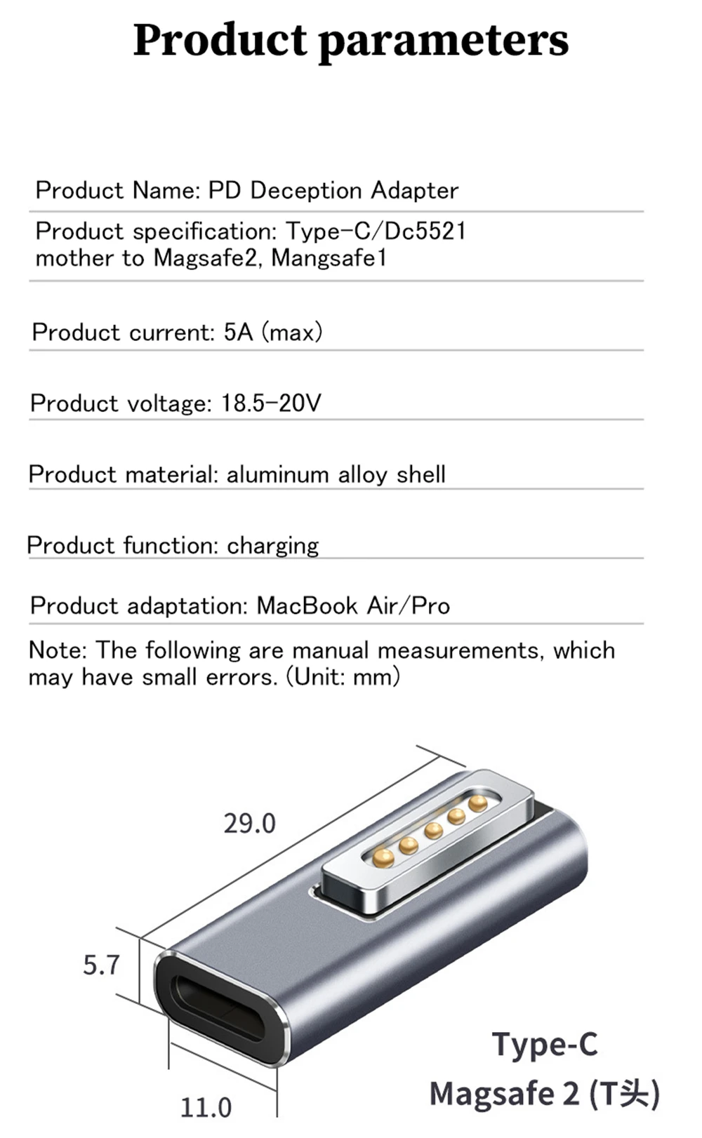 Magnetic USB C Adapter Connector PD Fast Charging Adapter For Type-C Female Magnet Plug to Magsafe 2/1 for MacBook Air/Pro 5A20V