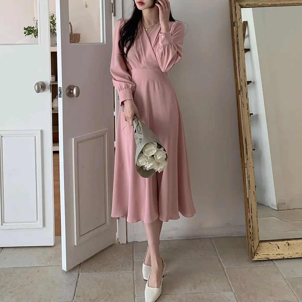 Korean Fashion Autumn Midi Dresses for Women Long Sleeves V-neck A-line Solid Casual Dress Office Lady Clothing New