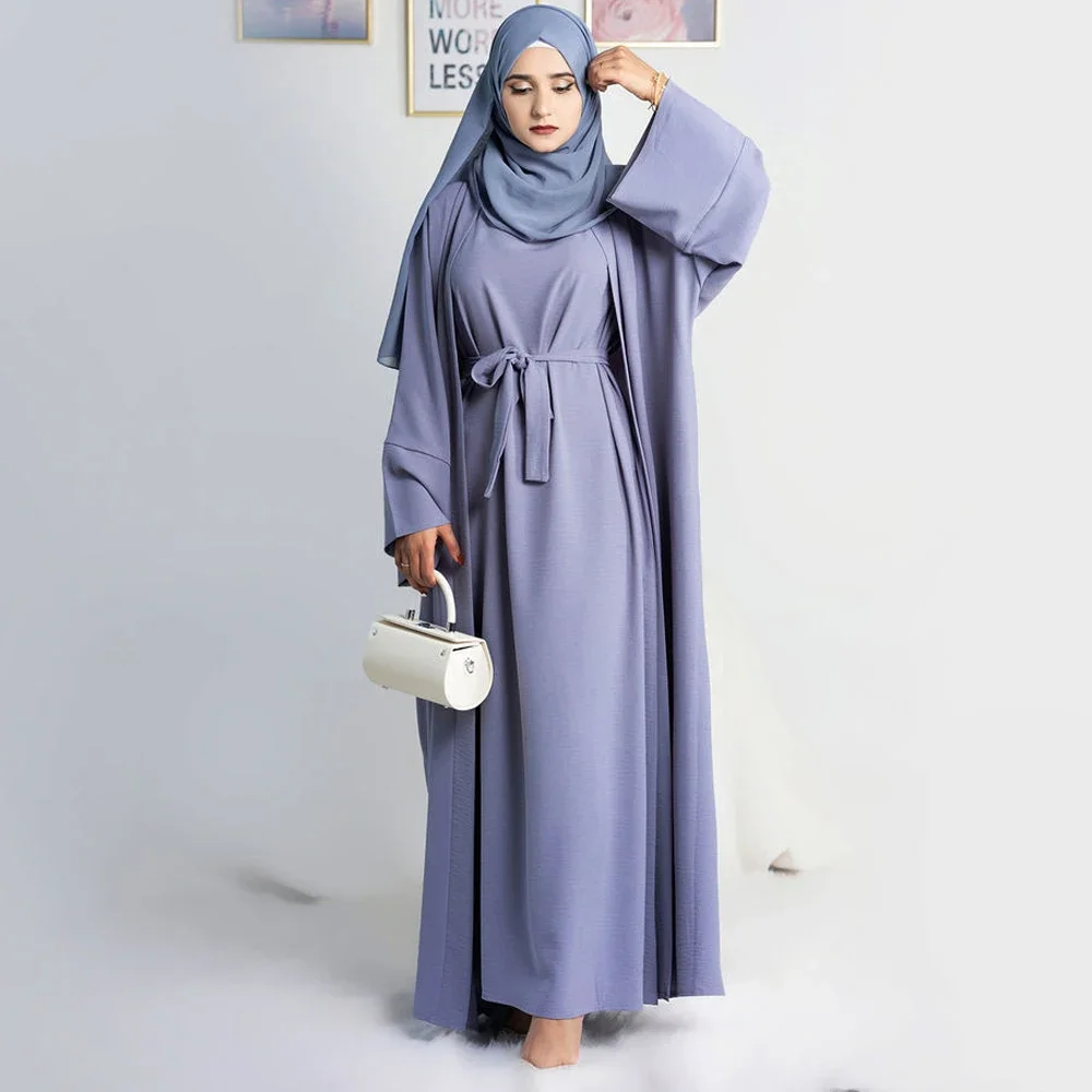 Open Abaya 2 Piece Set Muslim Woman Kimono and Sleeveless Hijab Dress Plain Abayas Dubai Turkey Ramadan African Islamic Clothing