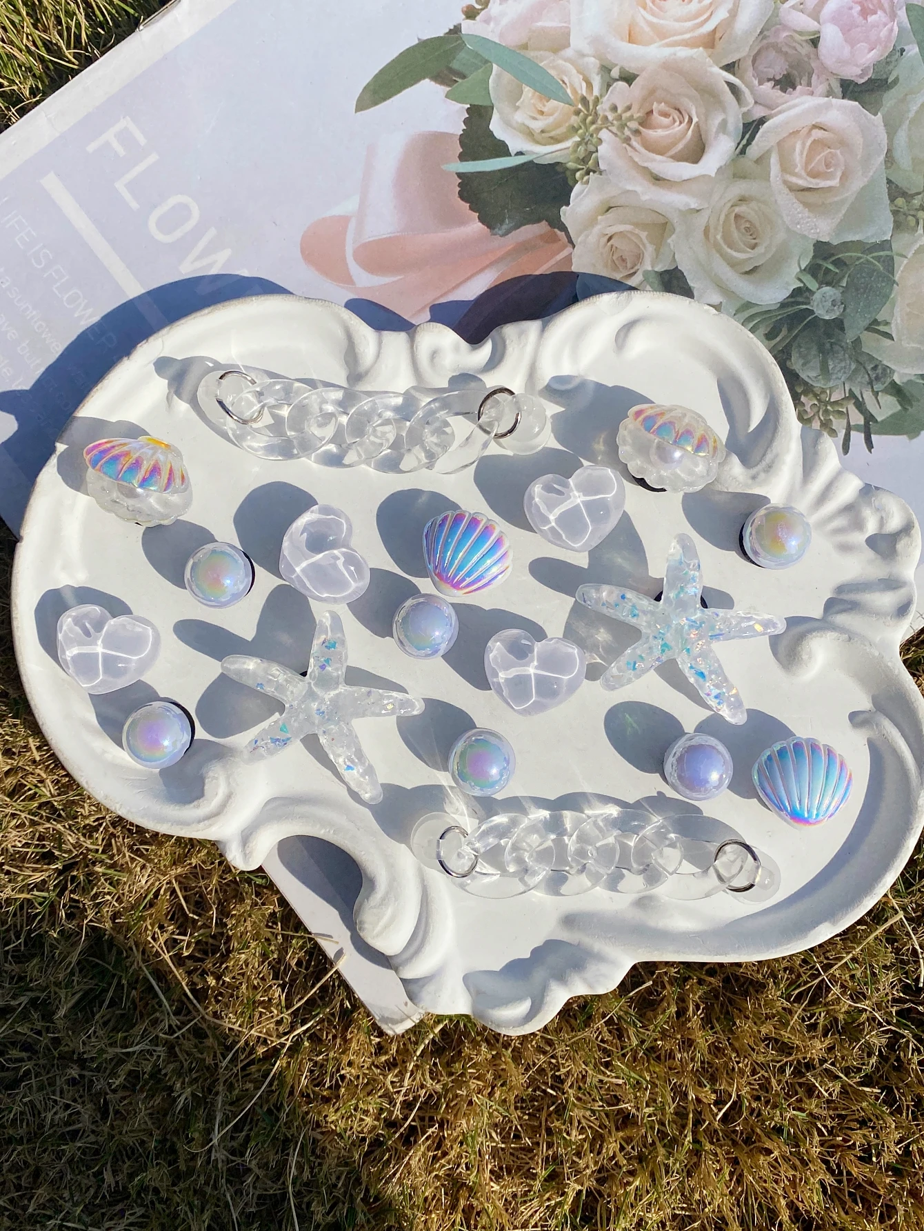 흰색(불가사리, 조개, 물결무늬 하트, 진주껍질, 체인) 신발 장식 하트 체인 장식 버클 DIY 18개