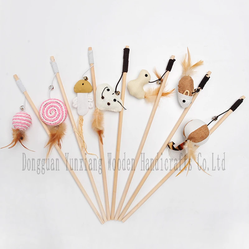 Wooden Cat Wands, Interactive Cat Teaser Sticks with Bell Wood Toy Wands Pet Toys