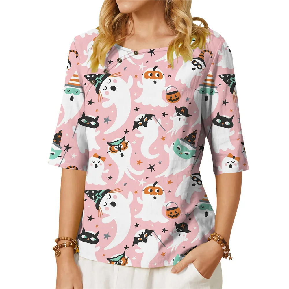 

CLOOCL Trendy Women T-shirt Stitch Tops Ghost Mask Dance Party Pattern Buttons Mid Sleeve Shirts Print Oversized Blouse 5XL
