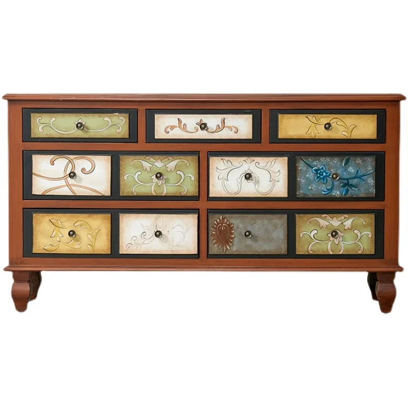 

TLL Vintage Painted Chest of Drawers Mediterranean Curio Cabinet Solid Wood TV Cabinet