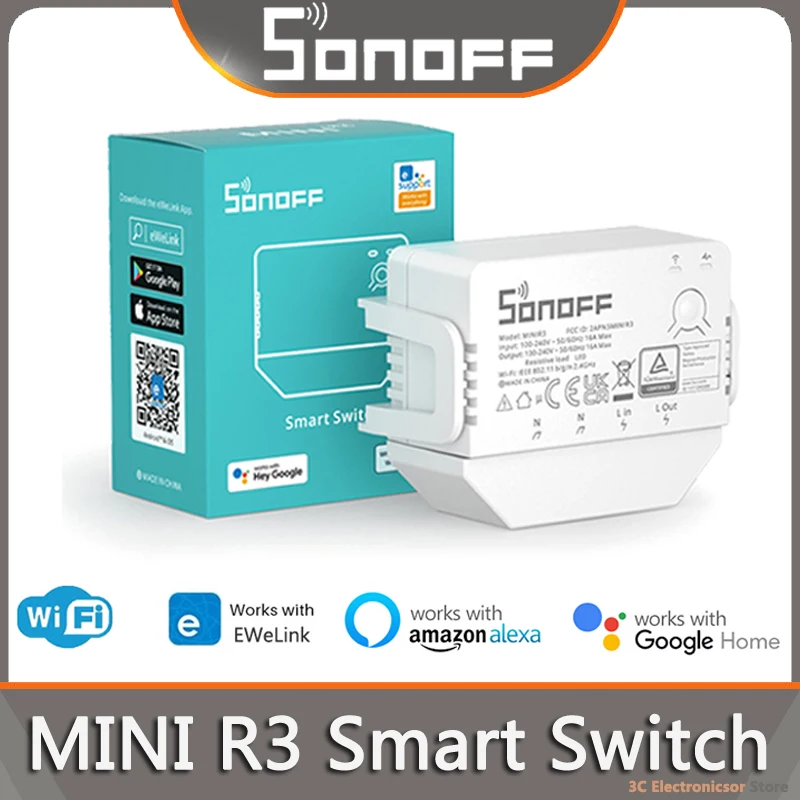 SONOFF MINI R3 16A Wifi Smart Switch REST API No Neutral Line S-MATE eWeLink-Remote Control via eWeLink Alexa Alice Google Home 