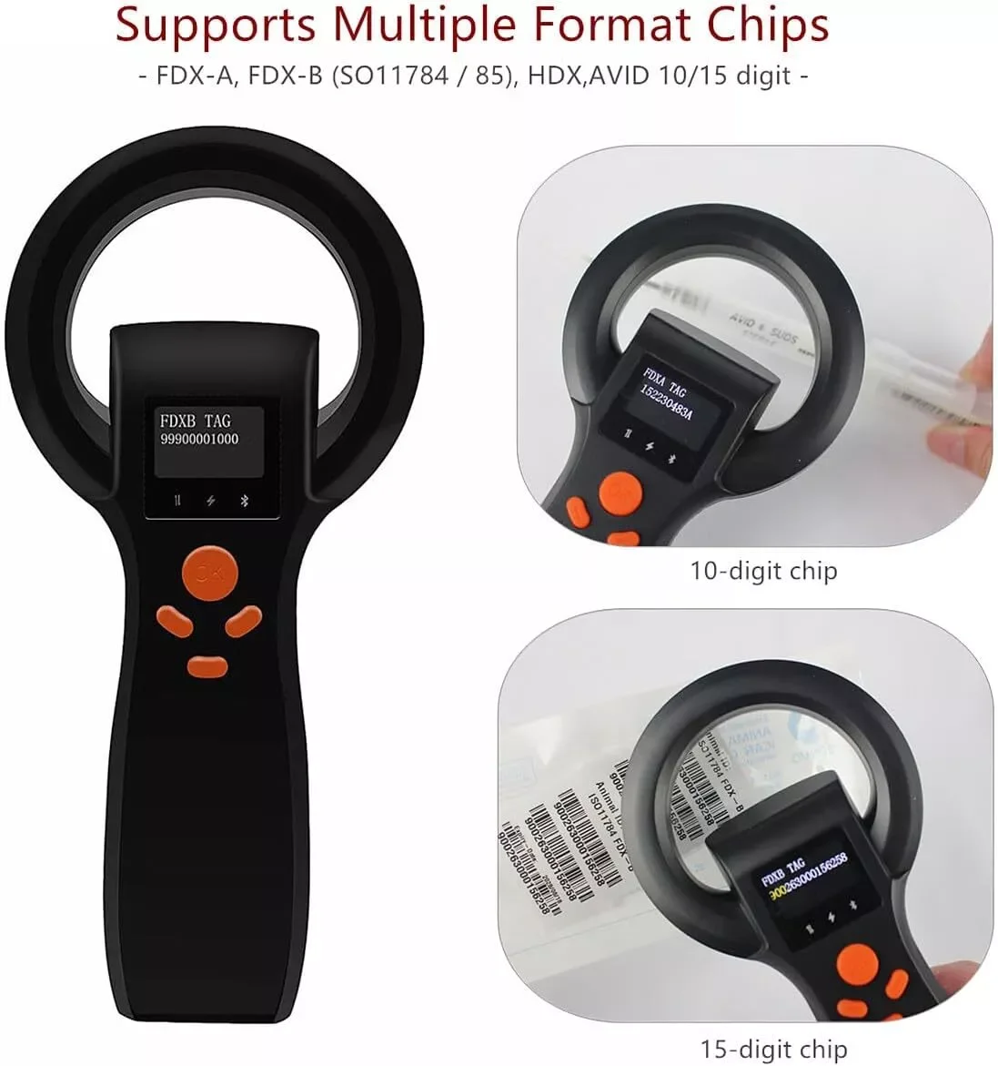 AVID 10/15 Digit Microchip RFID Pet Scanner Universal FDX-A FDX-B HDX Tag Reader