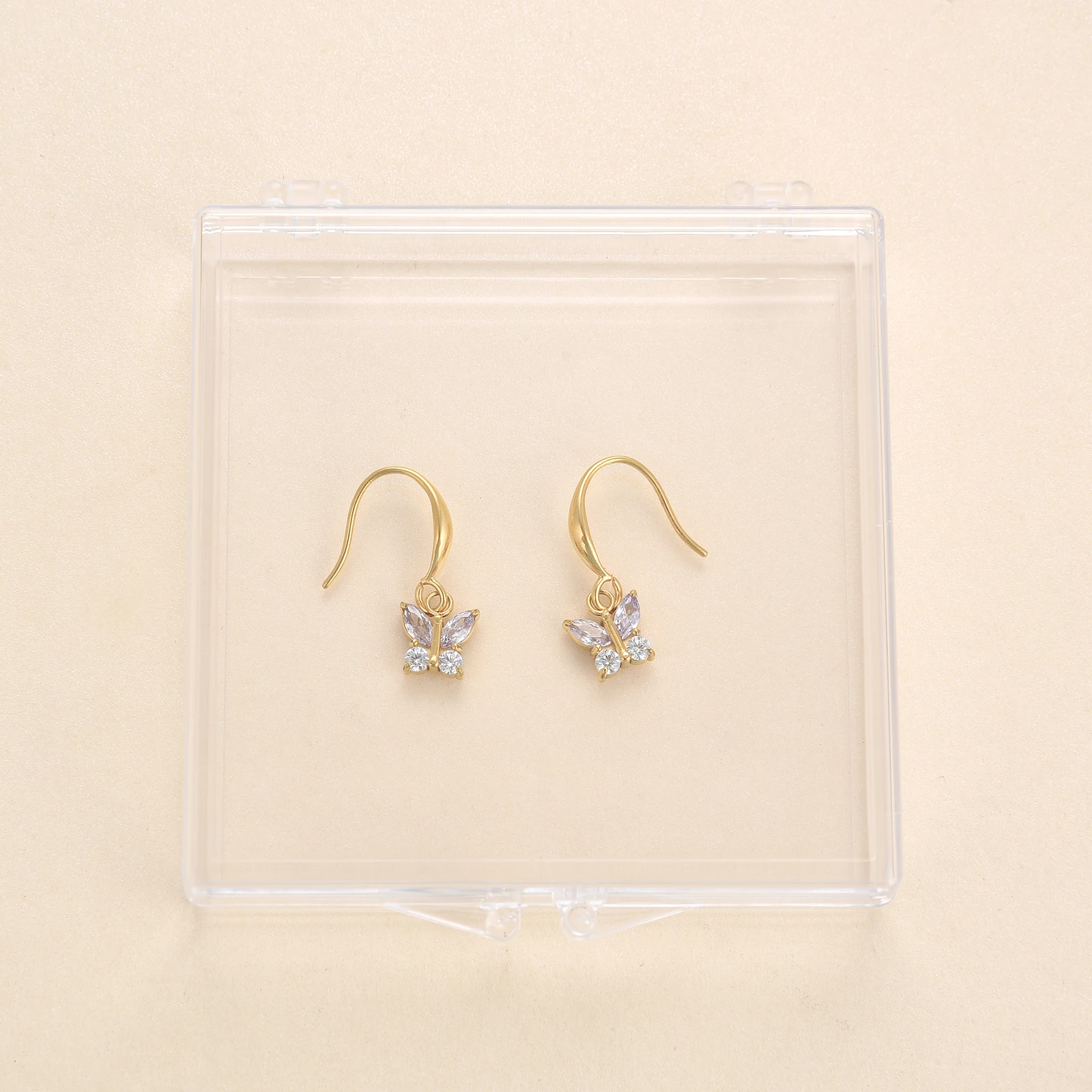 8k Gold Plated Cubic Zirconia Drop Dangle Fish Hook Earrings, Stainless Steel Butterfly Cross Bar CZ Dangling  Earring for Women