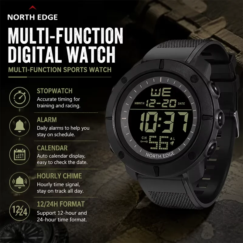 NORTH EDGE TANK Outdoor Men's Waterproof Watch with Alarm and EL Backlight Silicone Band