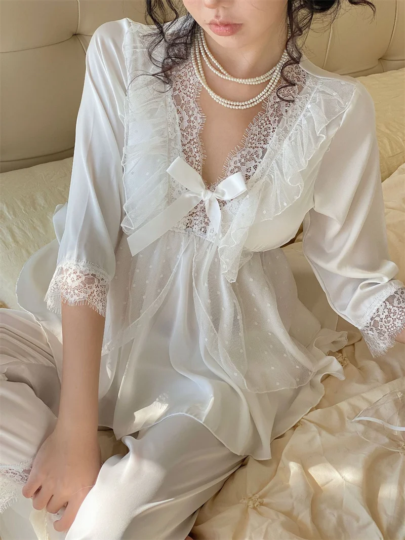 Spring New Lace Pajamas Suit Princess Style Nightwear Rayon Stain Solid Long Sleeve Deep V-Neck Home Clothes 5