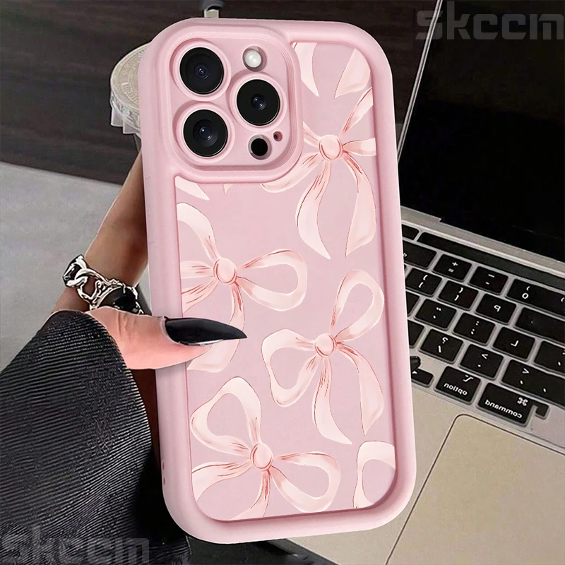 Chic Light Pink Bow Silicone Phone Case - Anti-Drop Soft Cover