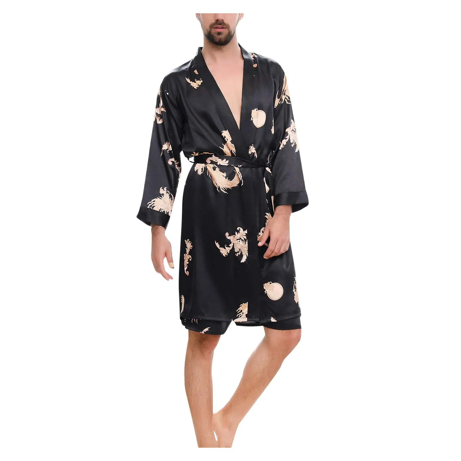 Black Robe Male Silk Dragon Dressing Gown Extra Large Size Robe With ...