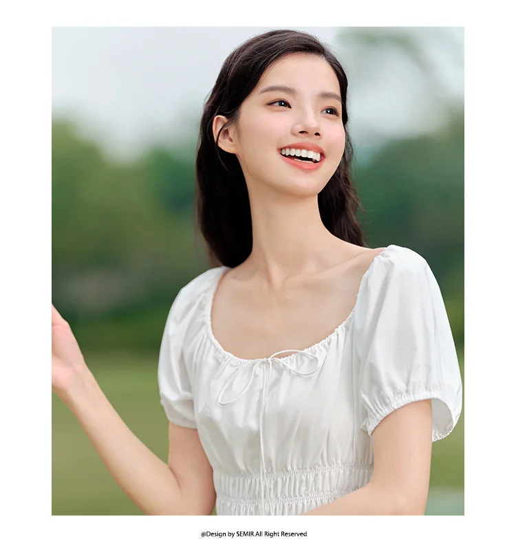 Dress Women Gentle And Elegant Summer New French-Style Square Collar Waist Cinched Mid-Length Fresh