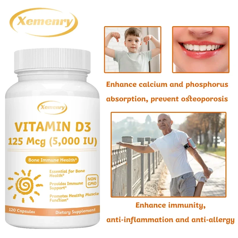 

Vitamin D3 for Adults 125 Mcg (5000 IU) Supplement Non-GMO Third Party Tested