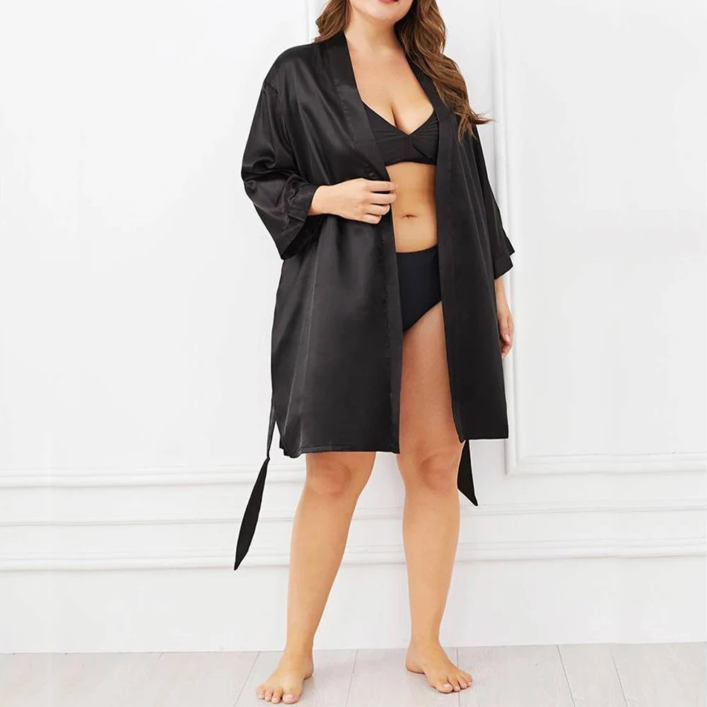 Women Robes Solid Sleepwear Hot Sexy Bathrobe Plus Size Robe Dress Long Sleeve Nightdress Smooth Soft Comfortable Nightwear