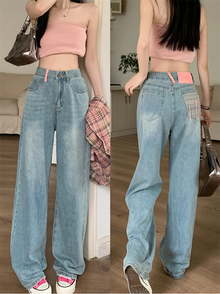 

Summer Women Fashion High Waist Denim Wide Legs Pants Embroidery Pocket Patchwork Vintage Solid Simple Loose Casual Trousers