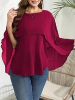 Plus Size Women’s Solid Layered Mesh Batwing Sleeve Round Neck Shirt Top Women Fashion and Comfort Cloak Top Clothing