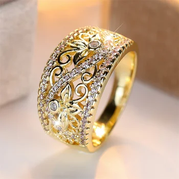 White Zircon Vintage Hollow Flower Pattern Rings For Women Antique Gold Color Engagement Wedding Jewelry Bridal Accessory Gifts