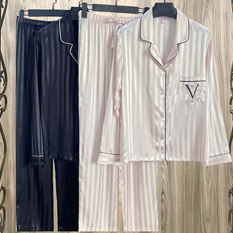 

2023 autumn Women's Home Clothes Satin Silk Sleepwear Sexy Pajamas For Femme Long Sleeves Wide Leg Pants Trouser Set