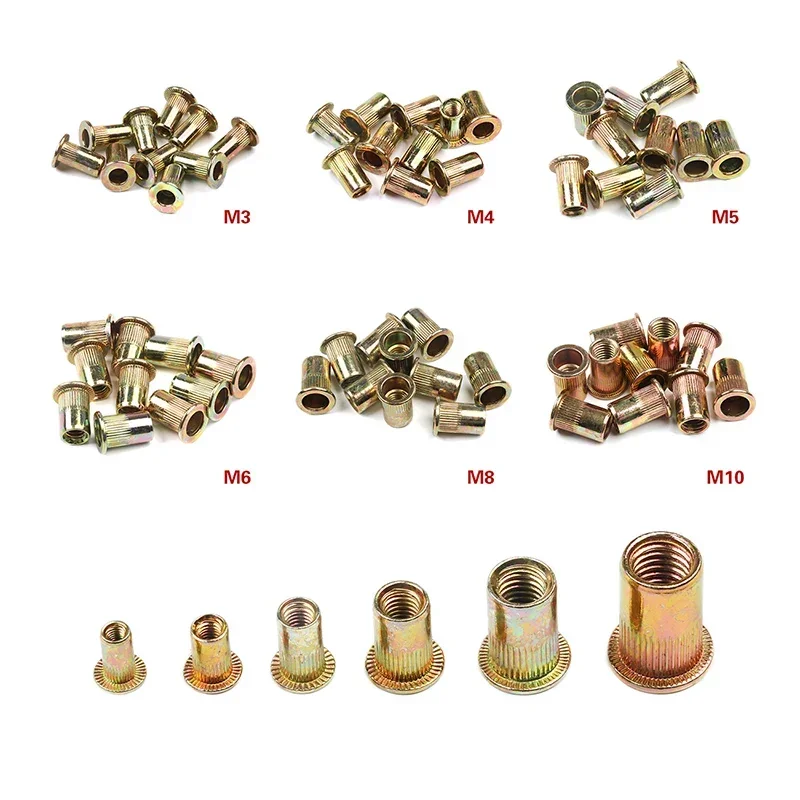 200/50pcs Rivet Nut Stainless Steel / Carbon Flat Head Nuts Set M3 M4 M5 M6 Threaded Insert Rivnut Cap Riveted