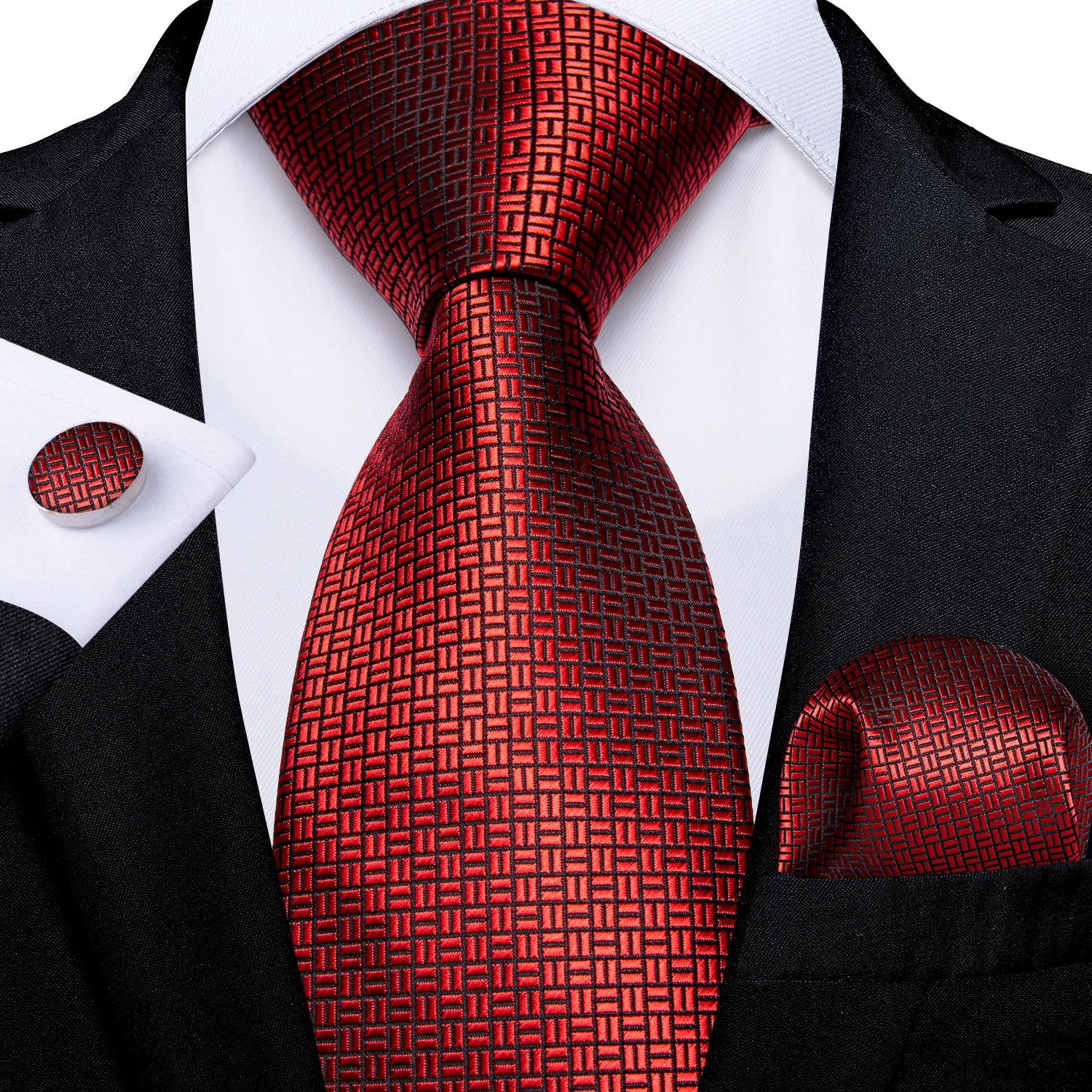 DiBanGu Men's Silk Striped Tie Set - Purple & Black, With Pocket Square, Cufflinks & Tie Clip - View #9