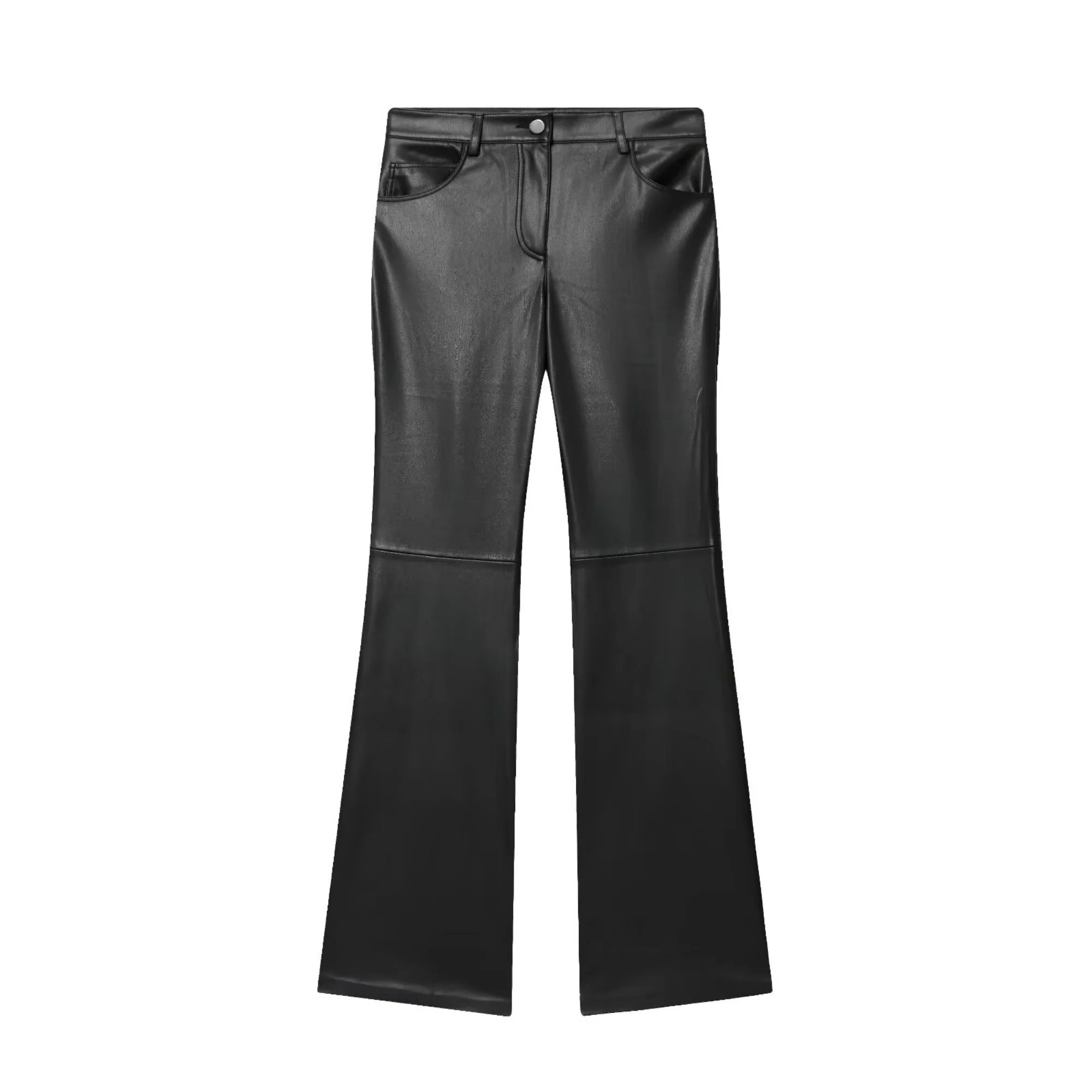 Women Straight Slimming Leather Pants Female High Waist Side Pockets Solid Casual Elegant Spring Fall Long Trousers Streetwear