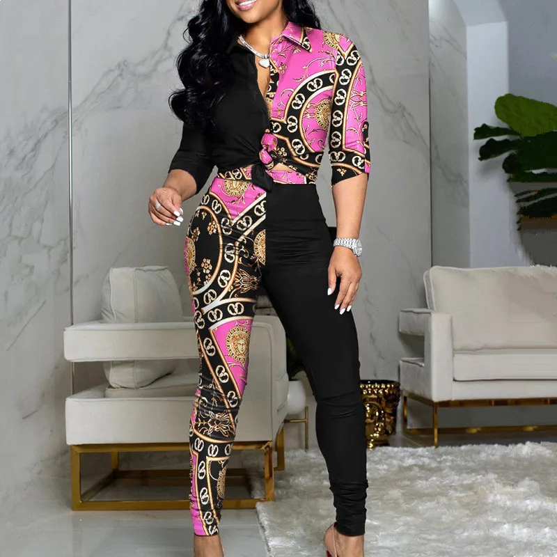 

Женский комплект из двух предметов, комплект из двух предметов с принтом в стиле барокко, топ на пуговицах с бантом спереди и брюки с высокой талией, 2021