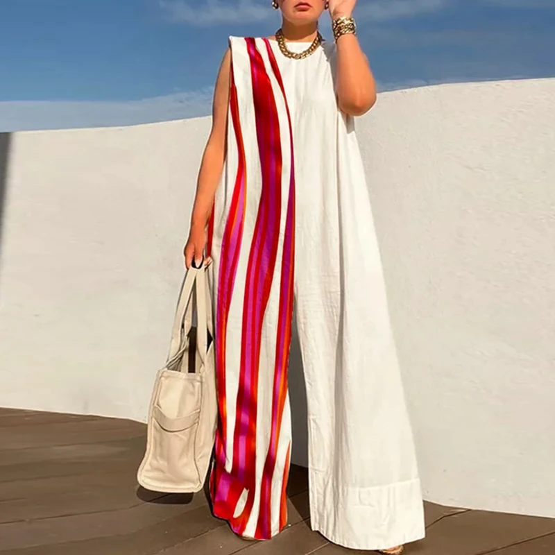 Elegant Patterm Print Loose Long Jumpsuit Summer Office Casual Wide Leg Romper Women Fashion O-neck Sleeveless Playsuit Overalls