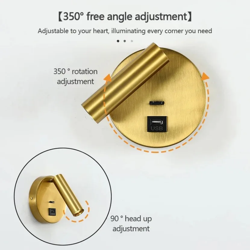 Modern LED Wall Lamp Folding 350 Degree Rotating Wall Lamp with USB Charging Interface Hotel Bedroom Bedside Study Reading Light