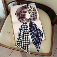 Houndstooth Print Silk Skinny Scarf for Women Hairband Ribbon Soft Satin Lady Neck Tie Headband Handle Bag Scarf Foulard Female 2