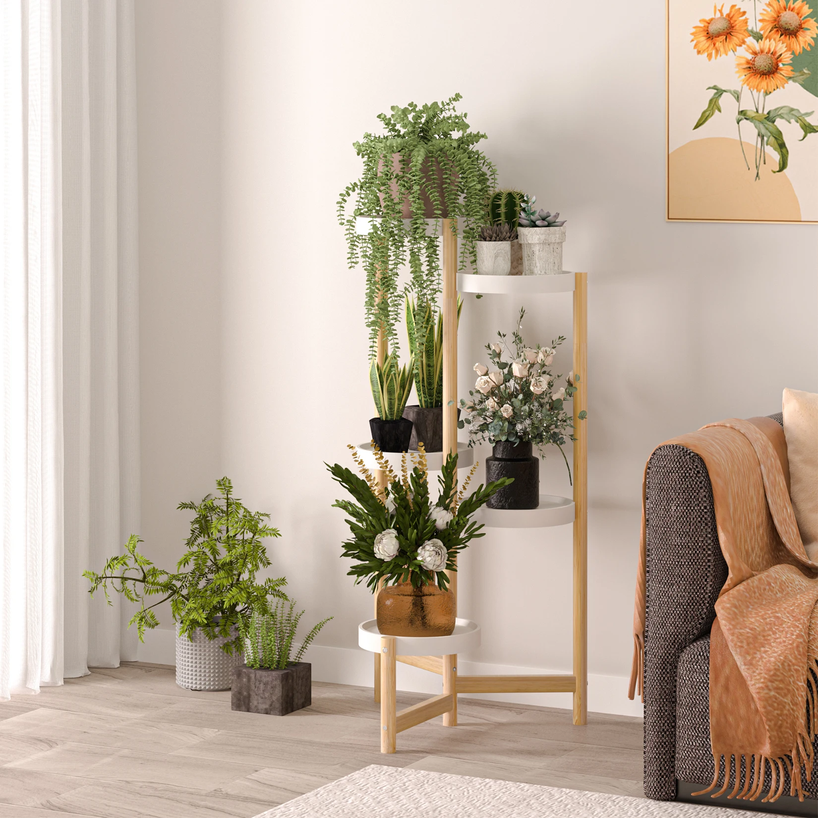 5 Tiers Planter Holder Tall Corner Bamboo Flower Pot Stand Outdoor Indoor