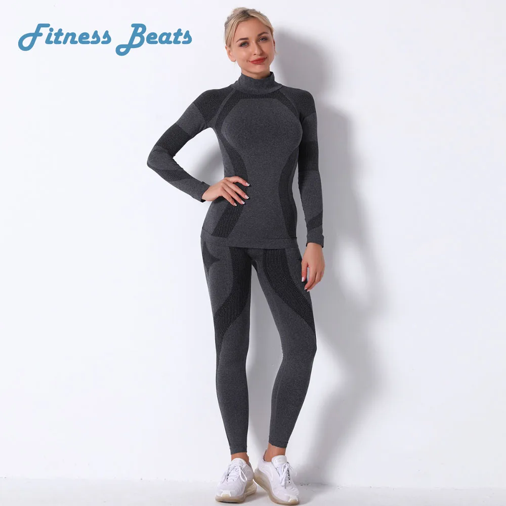 

Gym Yoga Set Fitness Seamless Knitted Solid Breathable Quick Dry Moisture Wicking Elasticity Shockproof Lady Long sleeved Pants