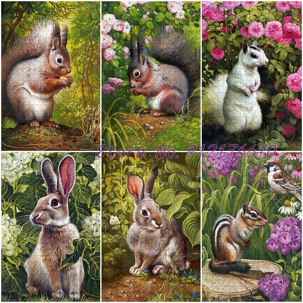

Rabbit Squirrel Animals 500 Pieces Puzzle Jigsaw Vintage Cartoon Landscape Print Paper Puzzle Family Decompress Educational Toys