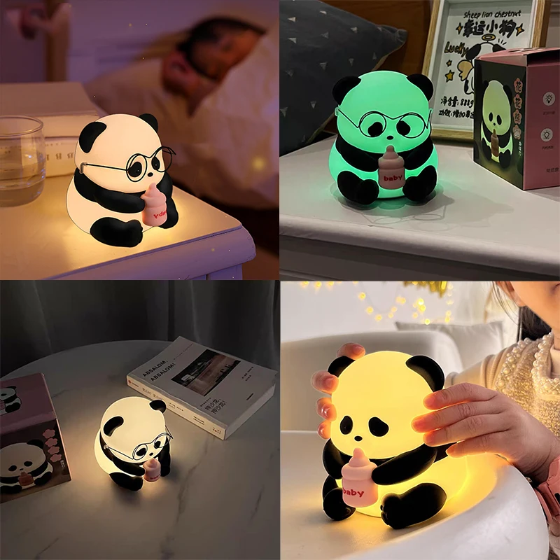 HUAHUA  Panda Light Silicone Lamp Beside Lamp Baby Night Light Cartoon Toy Children Bedroom Sleep Light LED Touch Gifts 6