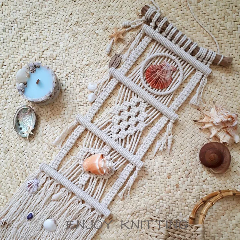 

Hand woven tapestry tassel shell feather rectangular hanging cloth pendant ins nordic home decoration