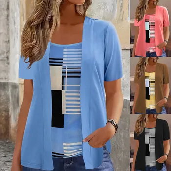 New 2025 T Shirts Women Fake Two Piece Elegant Patchwork Plus Size Shirts Summer Casual Print Short Sleeve Ladies Loose Tops 5XL 1