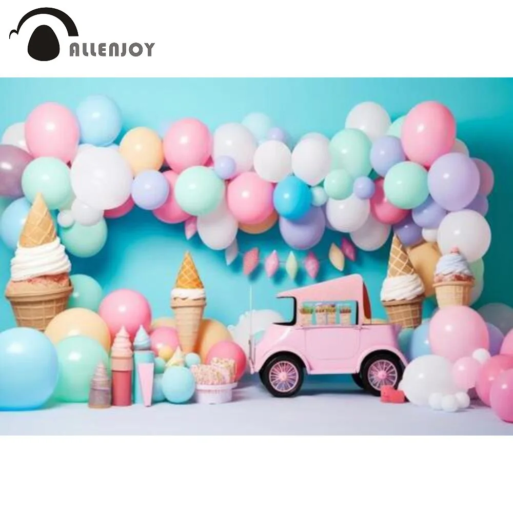 

Allenjoy Summer Ice Cream Photography Background Summer Pastel Balloons Newborn 1st Birthday Portraits Photo Booth Backdrop