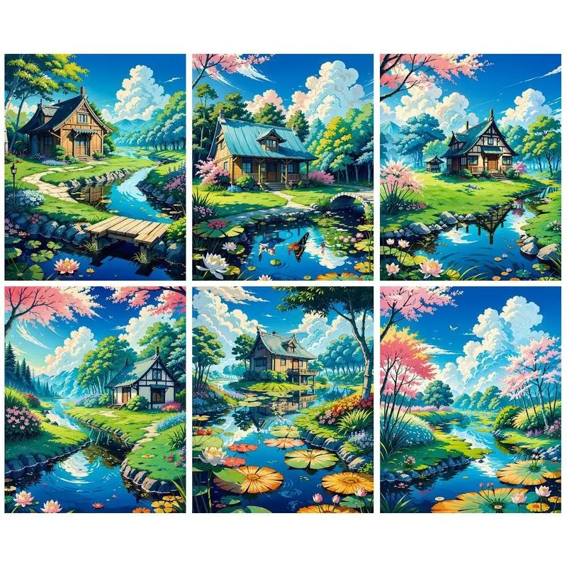 GATYZTORY Oil Painting By Numbers Diy Gift Pictures By Numbers Greenfield Cabin Landscape Paint Kit Wall Decors For Adult On Can