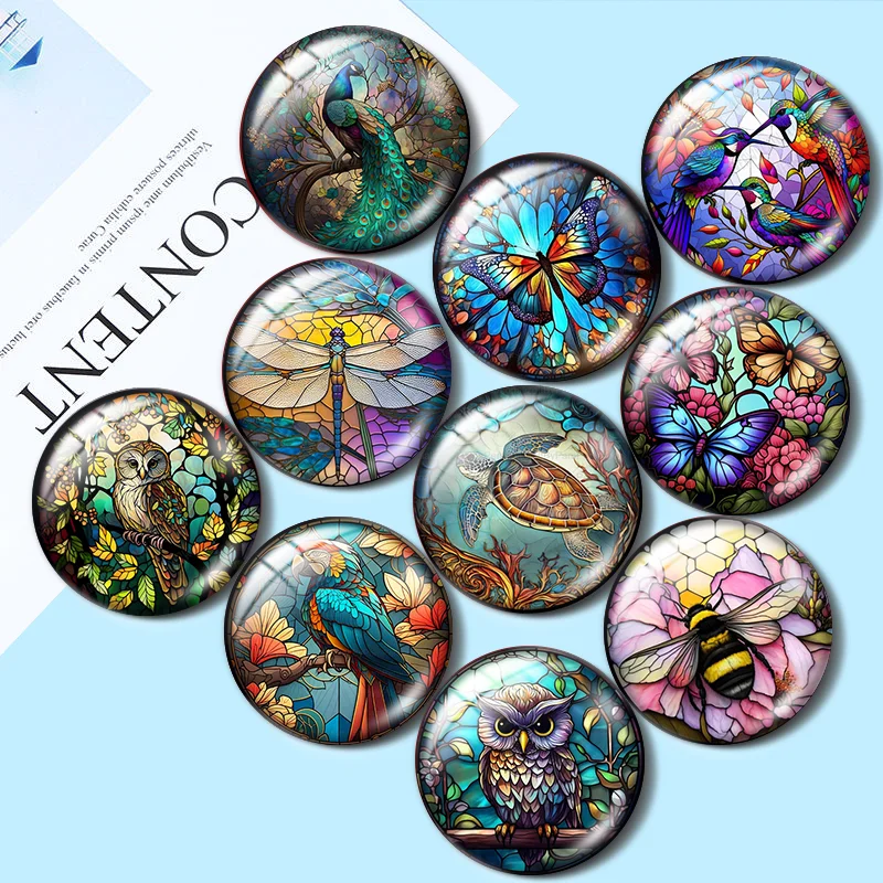 

Colorful butterflies bee birds peacock owl flowers10pcs 12mm/16mm/18mm Round Photo Glass Cabochon Demo Flat Back Making findings