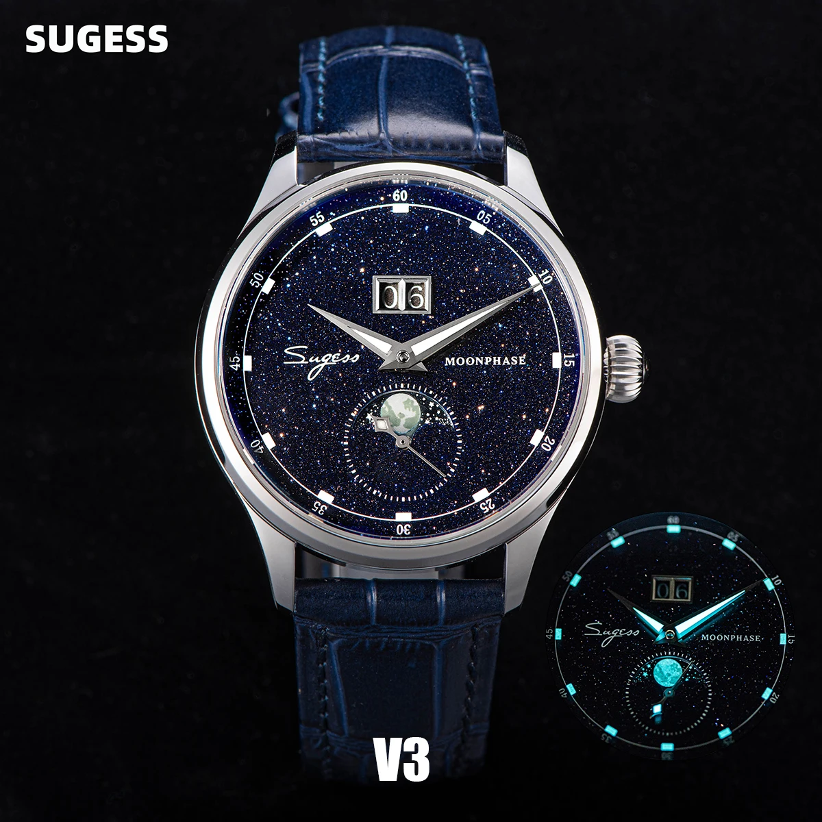 Sugess-Moonphase ساعات المعصم الفاخرة ، 316L حاوية...