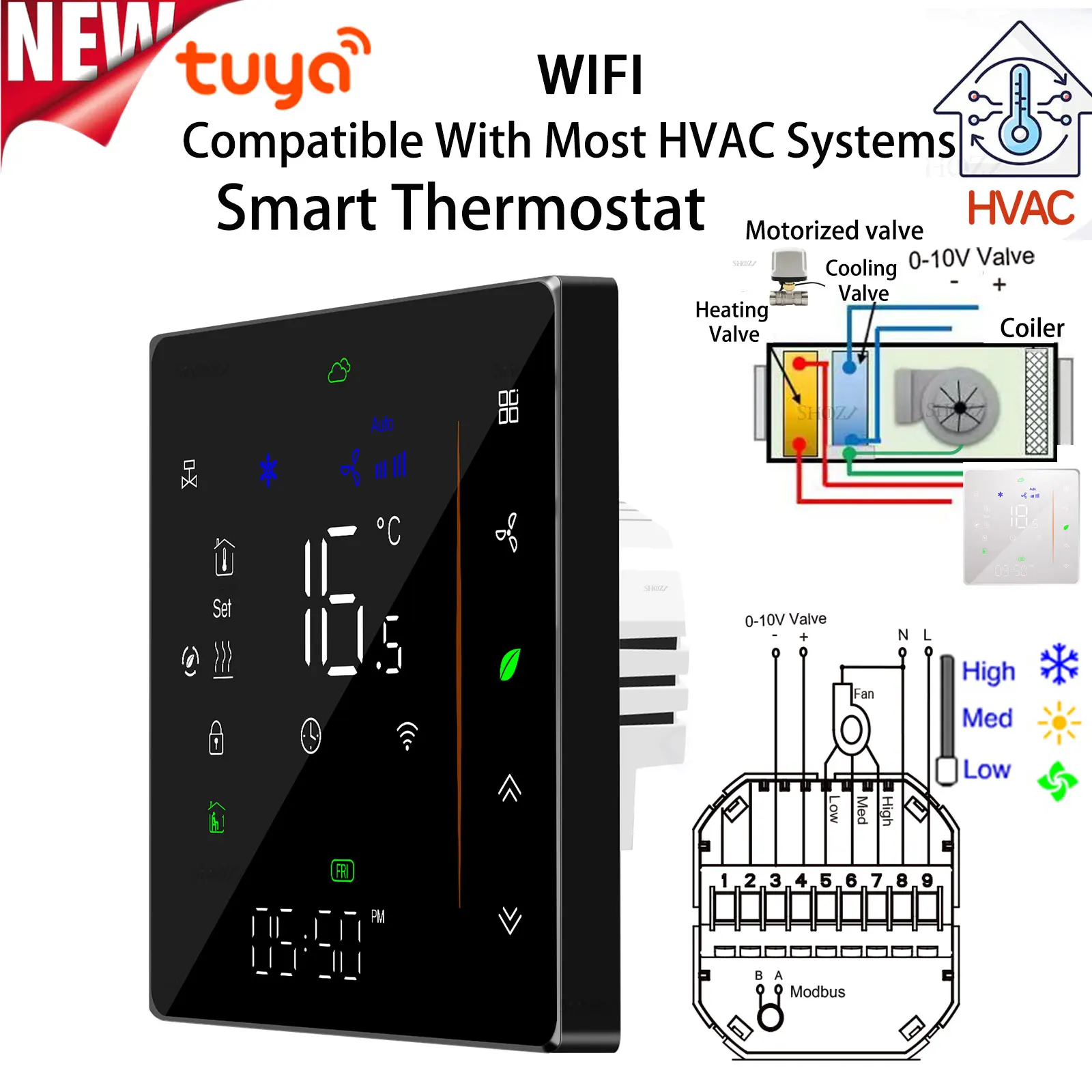 

TUYA Wi-Fi 2 Pipe 3 Speed Fan Coil Room Thermostat - 0-10V modulating valve HVAC Temperature Controller For Heating And Cooling
