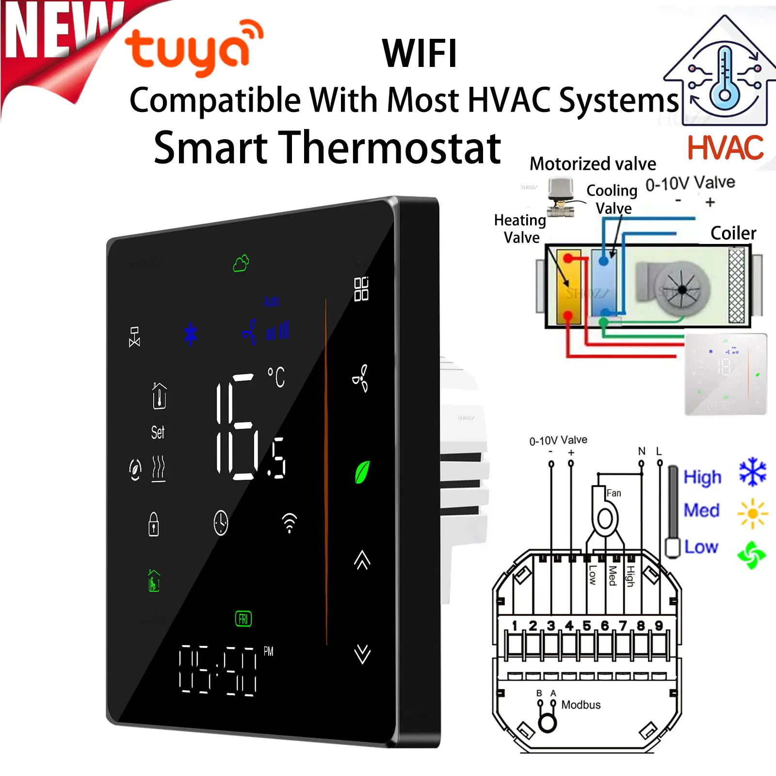 Fan Coil Room Termostato com Válvula Moduladora Controlador de Temperatura para Aquecimento e Arrefecimento Wi-fi Pipe Velocidade 010v Hvac