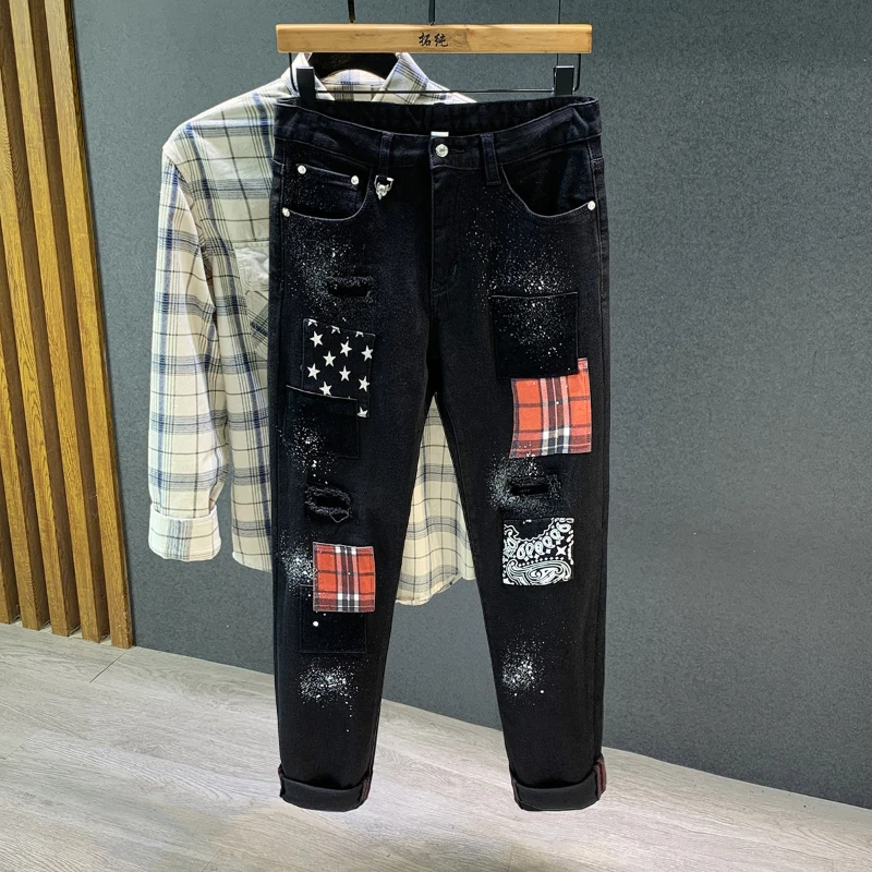 

New Black Jeans Men's Fashion Plaid Patchwork Print Hip Hop Punk Streetwear Ripped Hole Patch Jeans Stretch Denim Pants