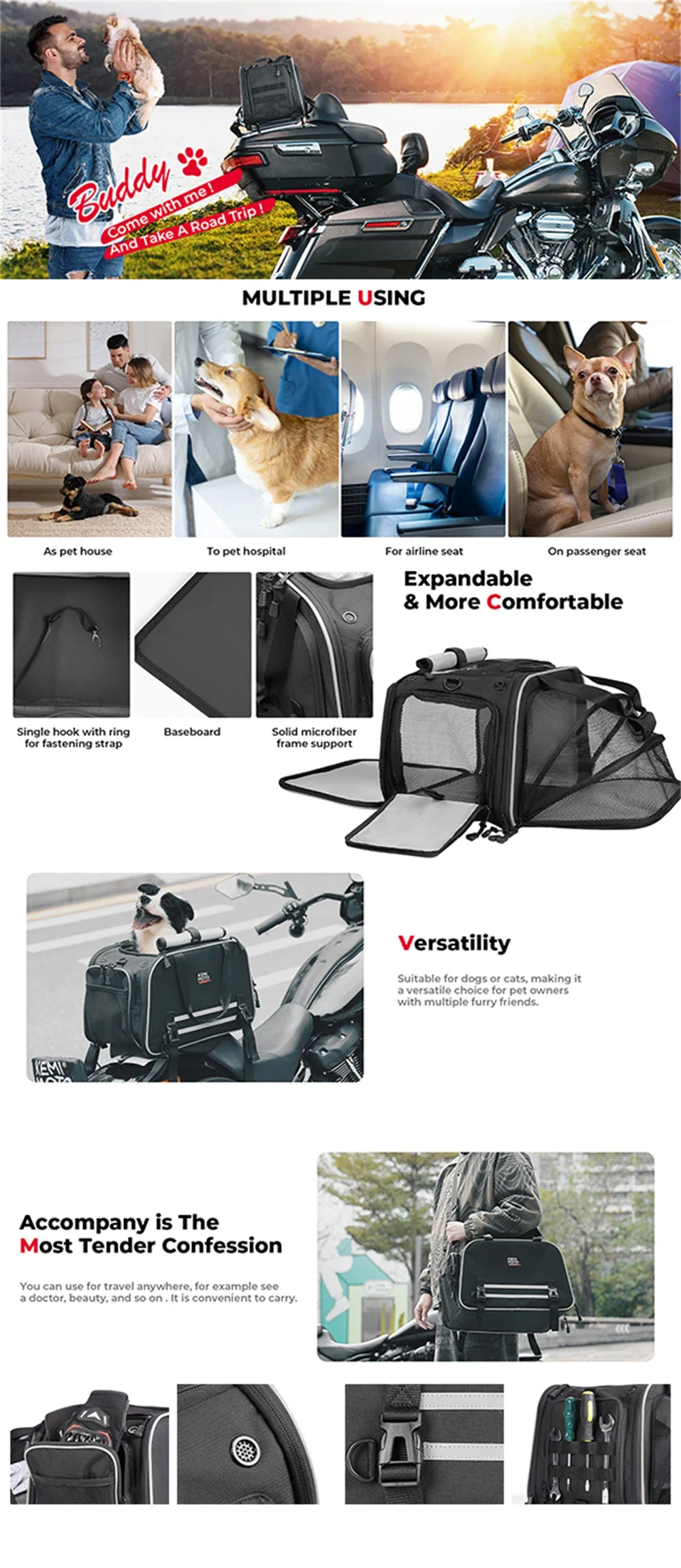Motorrad-Hundeträger Fluggesellschaft-Zugelassener Katzen- und Hundeträger Haustiertransporttasche für 20 Pfund Erweiterbare Reisetasche Faltbare Haustiertasche – Detail 1
